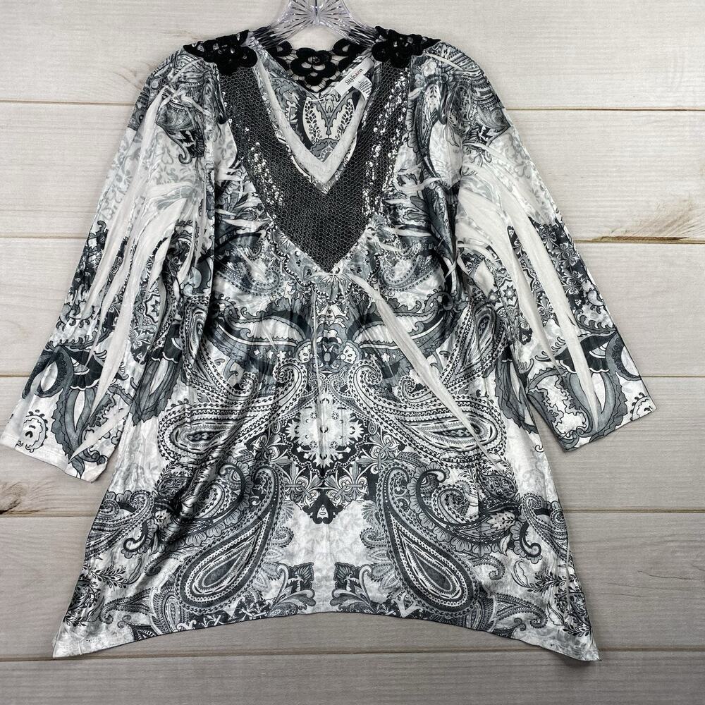 Style&Co Top L Black White Floral Paisley Velvet Velour Tunic Crochet Y2K Sequin